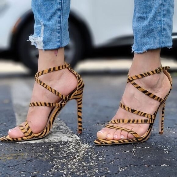 Women's Zebra Open Toe Ankle Strap  High Heel Dress Sandals - Picture 1 of 5